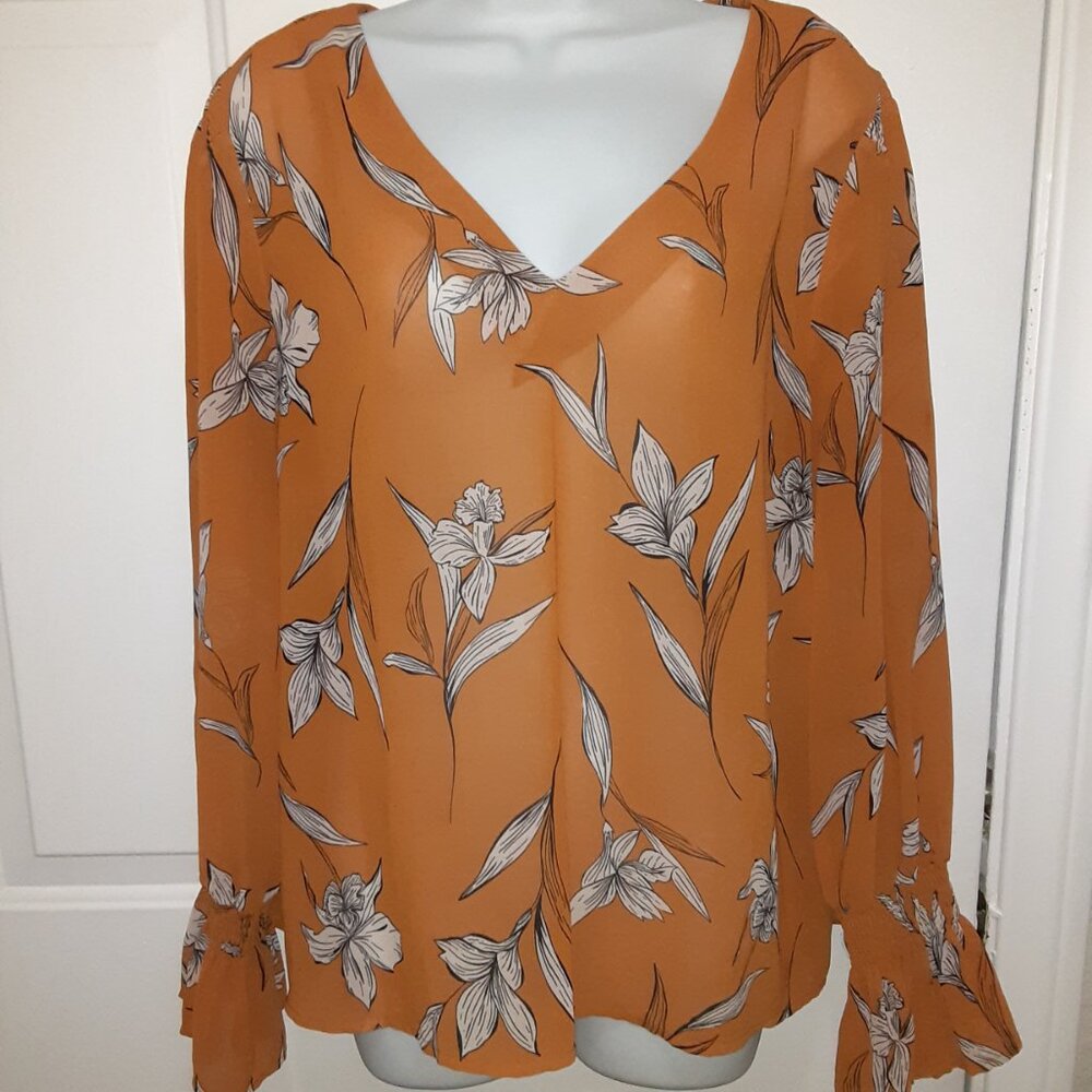 Semi-Sheer Blouse * Flouncy Elastic Cuff * Pumpkin, Burnt Orange & White * XXL